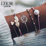 17KM Bohemian Feather Flower Bracelets For Women Fashion Simulated Pearl Multi Layer Bracelet DIY Handmade Jewelry Gift 5PCS/Set
